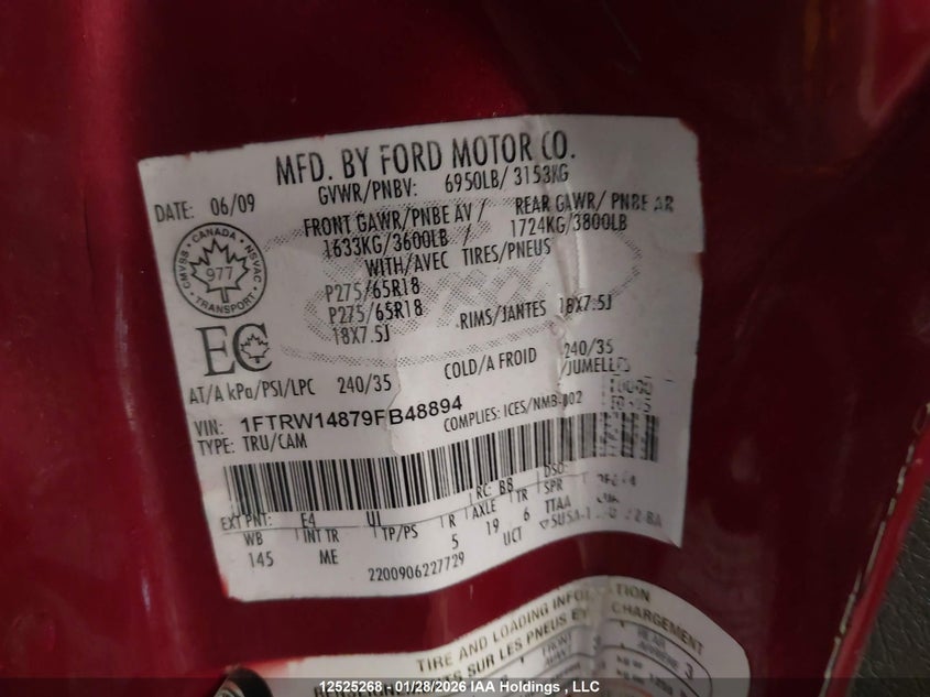 2009 Ford F150 Supercrew VIN: 1FTRW14879FB48894 Lot: 12525268