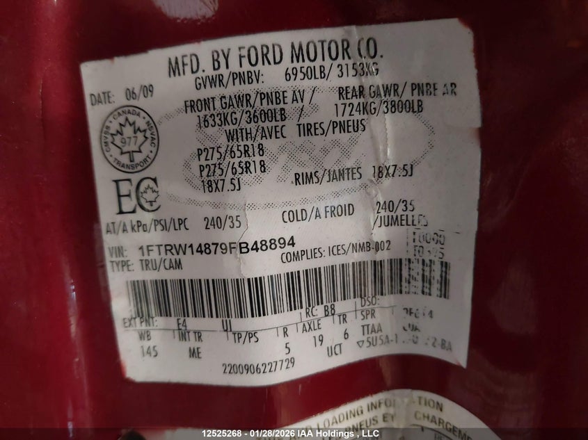 2009 Ford F150 Supercrew VIN: 1FTRW14879FB48894 Lot: 12525268
