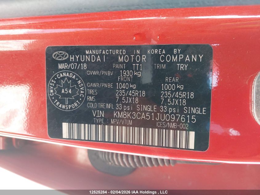 2018 Hyundai Kona 1.6T Trend VIN: KM8K3CA51JU097615 Lot: 12525284