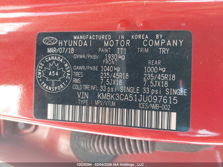 2018 Hyundai Kona 1.6T Trend VIN: KM8K3CA51JU097615 Lot: 12525284