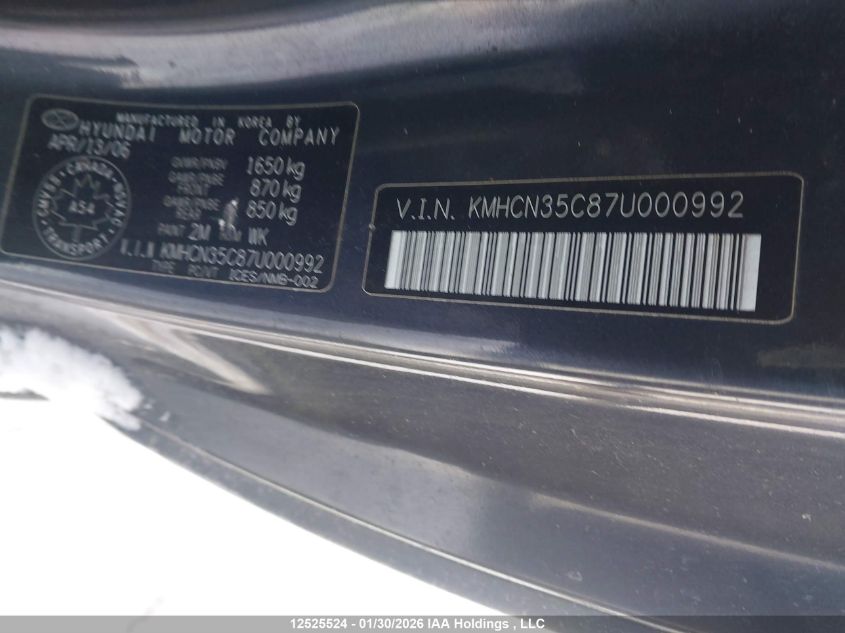 2007 Hyundai Accent Gs VIN: KMHCN35C87U000992 Lot: 12525524