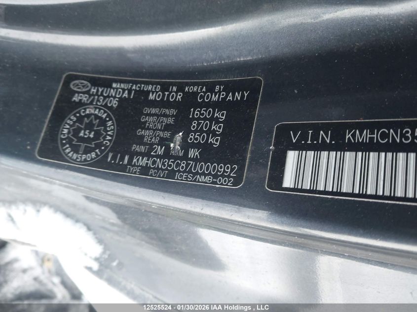 2007 Hyundai Accent Gs VIN: KMHCN35C87U000992 Lot: 12525524