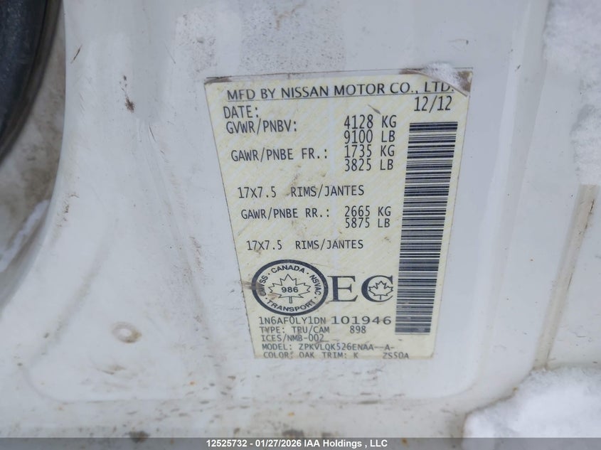 2013 Nissan Nv 2500/3500 VIN: 1N6AF0LY1DN101946 Lot: 12525732