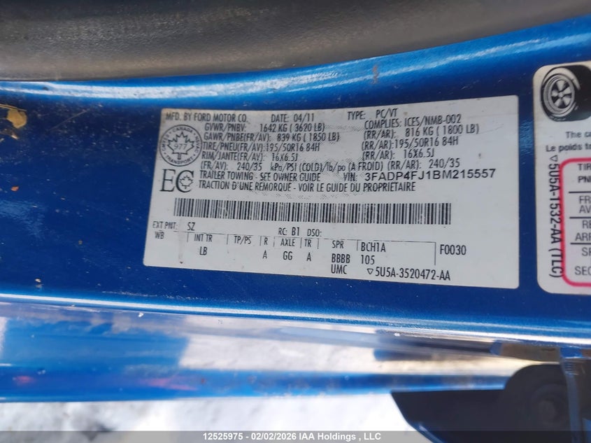 2011 Ford Fiesta Ses VIN: 3FADP4FJ1BM215557 Lot: 12525975