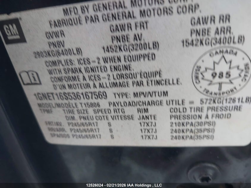 2003 Chevrolet Trailblazer Ext VIN: 1GNET16S536167569 Lot: 12526024