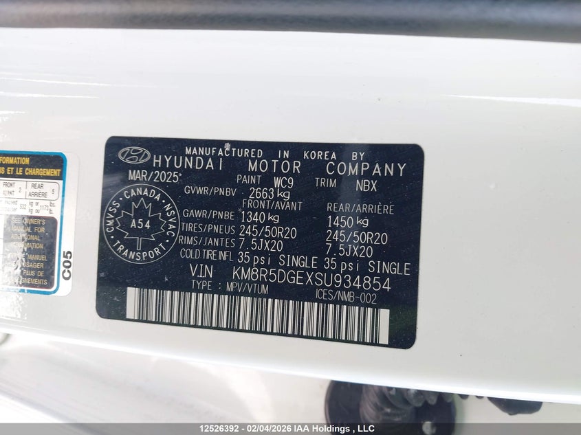 2025 Hyundai Palisade Limited VIN: KM8R5DGEXSU934854 Lot: 12526392