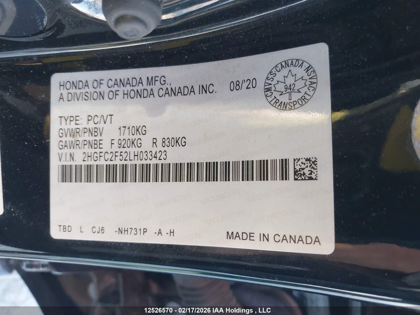 2020 Honda Civic Lx VIN: 2HGFC2F52LH033423 Lot: 12526570