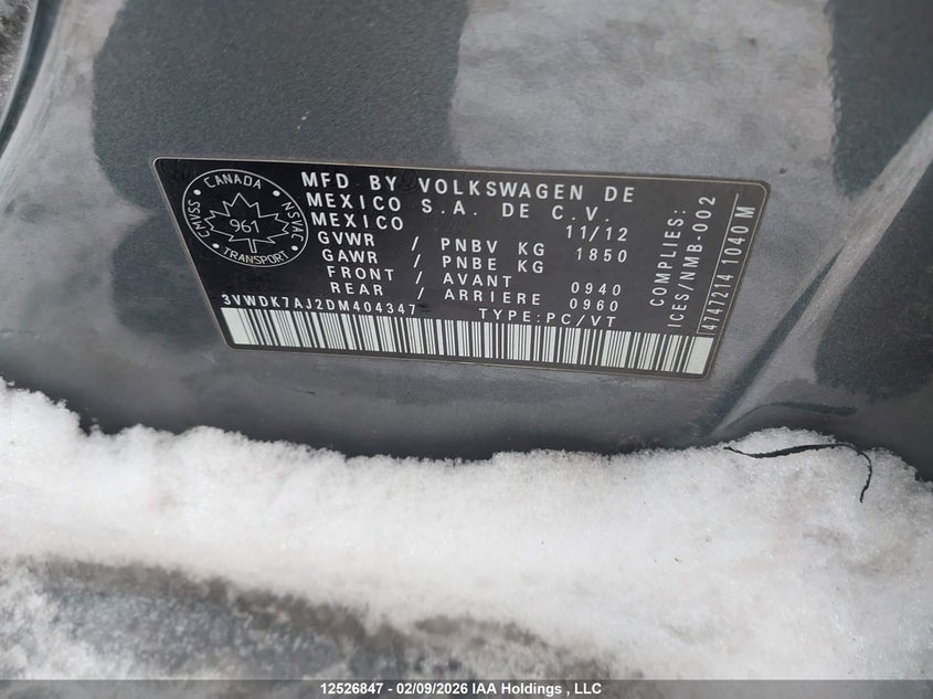 2013 Volkswagen Jetta 2.0L Comfortline VIN: 3VWDK7AJ2DM404347 Lot: 12526847