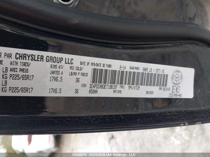 2014 Dodge Journey 2.4 Cvp/se Plus Black Lot 111012526978 Vin 3C4PDCAB3ET198197