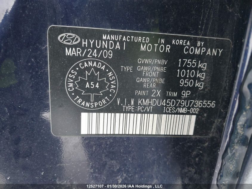2009 Hyundai Elantra VIN: KMHDU45D79U736556 Lot: 12527107