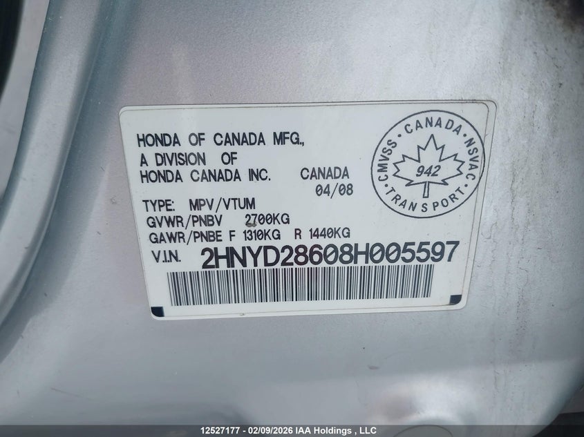 2008 Acura Mdx VIN: 2HNYD28608H005597 Lot: 12527177