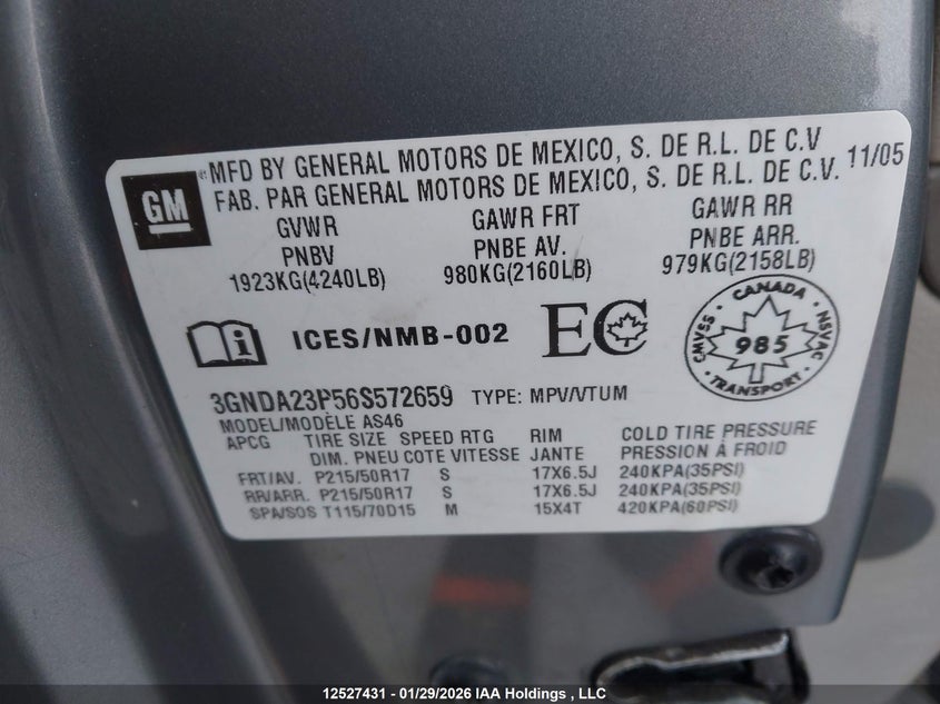 2006 Chevrolet Hhr VIN: 3GNDA23P56S572659 Lot: 12527431