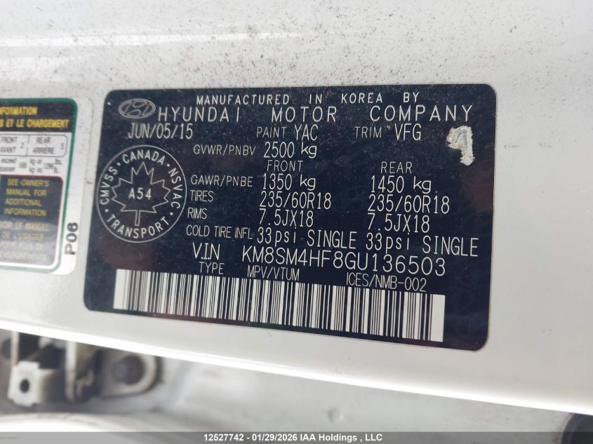 2016 Hyundai Santa Fe Xl VIN: KM8SM4HF8GU136503 Lot: 12527742