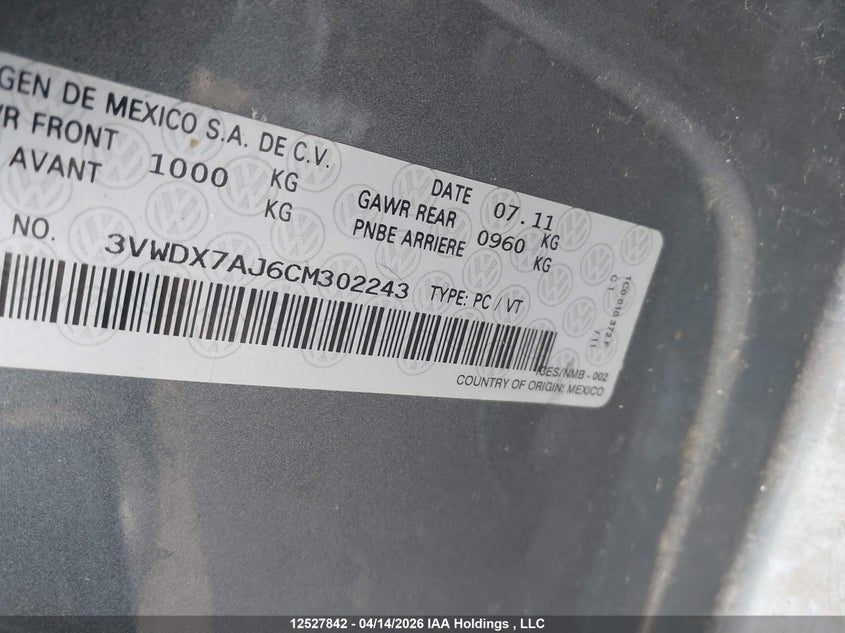 2012 Volkswagen Jetta Se VIN: 3VWDX7AJ6CM302243 Lot: 12527842