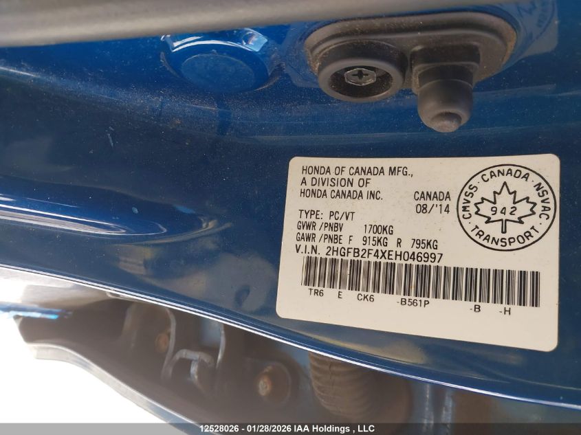 2014 Honda Civic Lx VIN: 2HGFB2F4XEH046997 Lot: 12528026