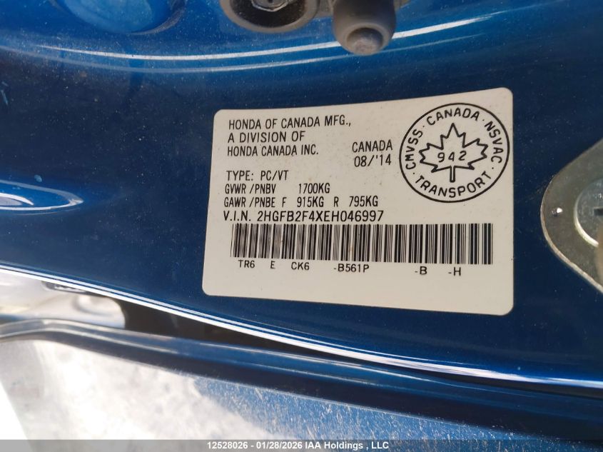 2014 Honda Civic Lx VIN: 2HGFB2F4XEH046997 Lot: 12528026