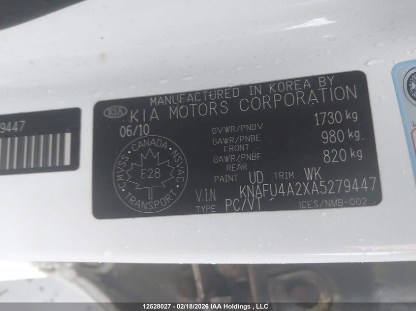 2010 Kia Forte 2.0L Ex VIN: KNAFU4A2XA5279447 Lot: 12528027