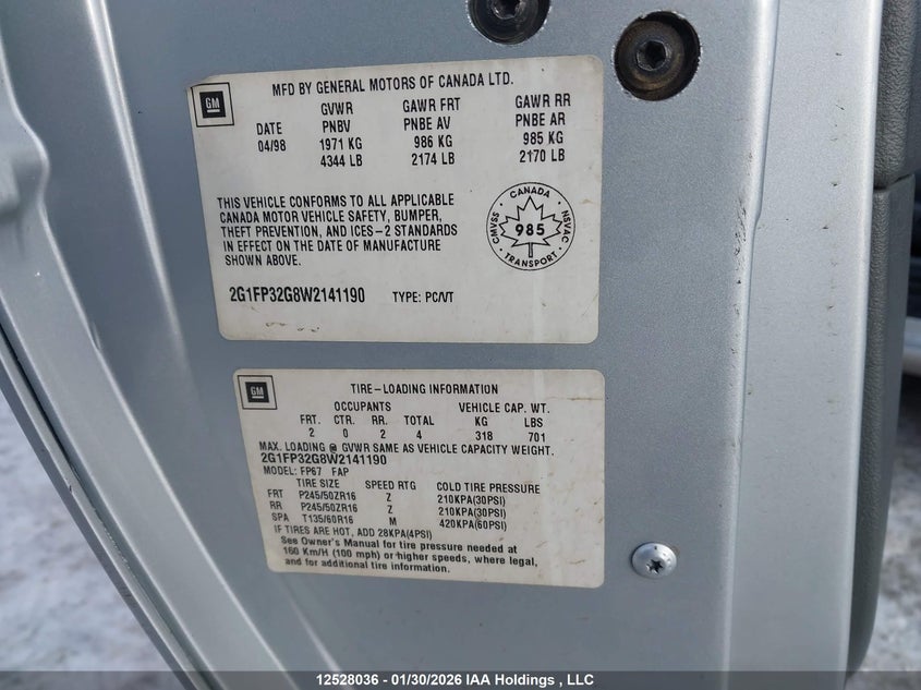 1998 Chevrolet Camaro Z28 VIN: 2G1FP32G8W2141190 Lot: 12528036