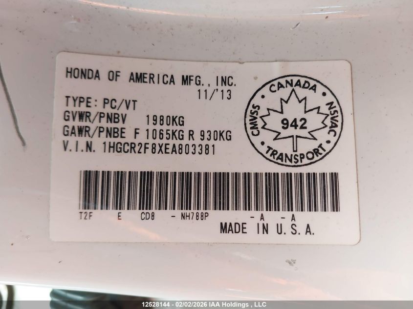 2014 Honda Accord VIN: 1HGCR2F8XEA803381 Lot: 12528144