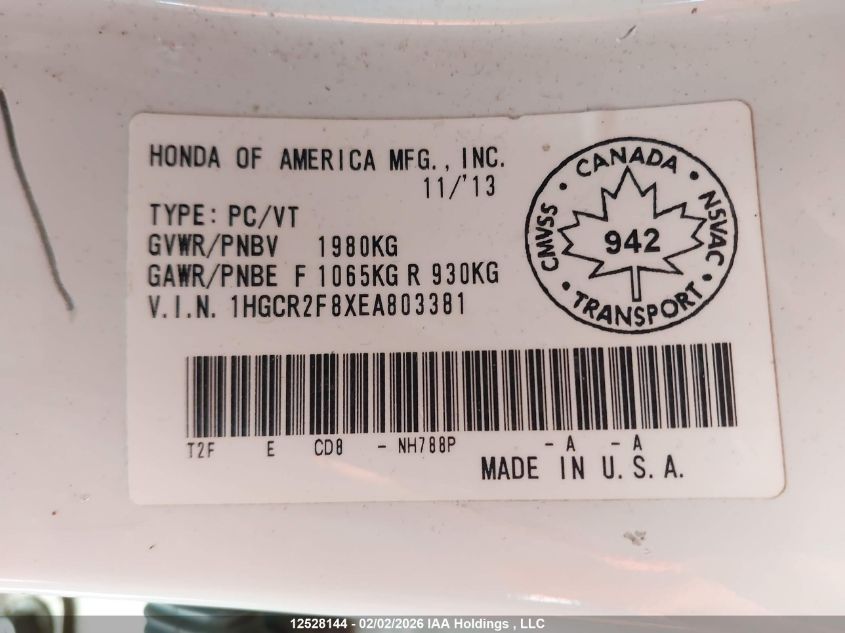 2014 Honda Accord VIN: 1HGCR2F8XEA803381 Lot: 12528144