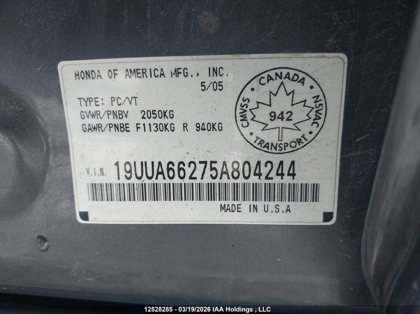 2005 Acura Tl VIN: 19UUA66275A804244 Lot: 12528285