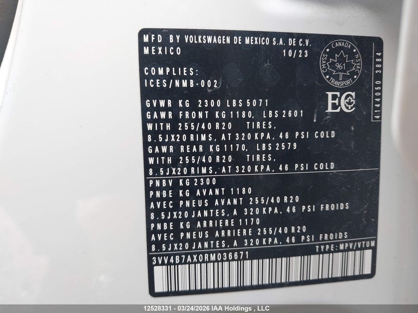 2024 Volkswagen Tiguan VIN: 3VV4B7AX0RM036671 Lot: 12528331