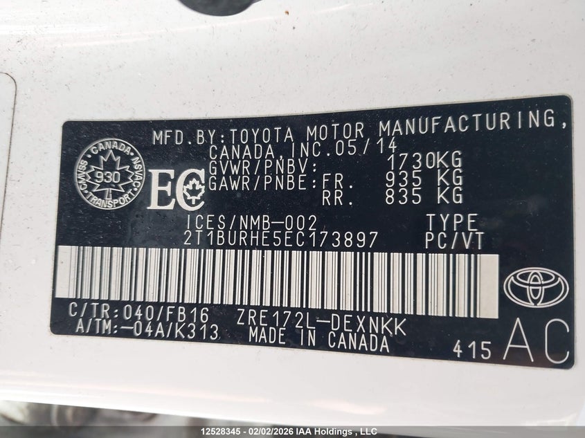 2014 TOYOTA COROLLA SEDAN 1.8L I4 FI DOHC 16V NF4