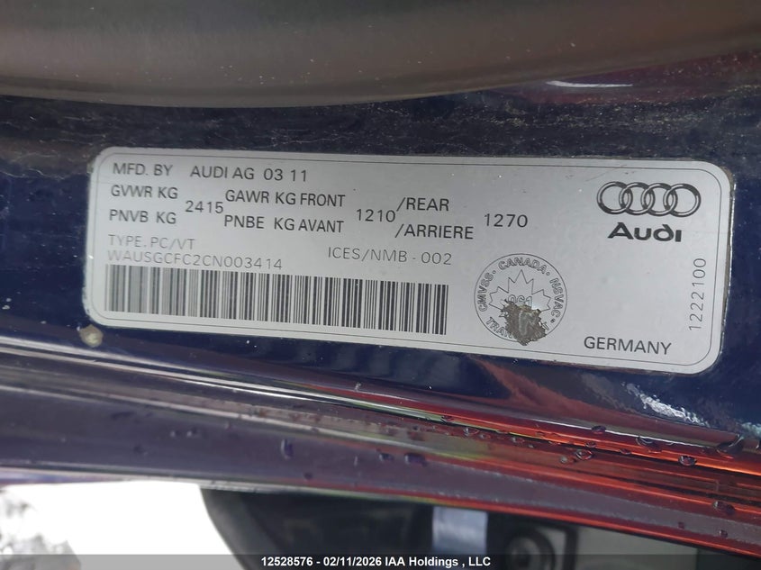 2012 Audi A7 Prestige VIN: WAUSGCFC2CN003414 Lot: 12528576