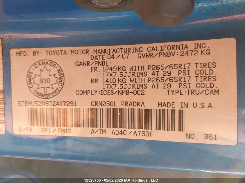 2007 Toyota Tacoma Double Cab Long Bed VIN: 5TEMU52N87Z417291 Lot: 12528756