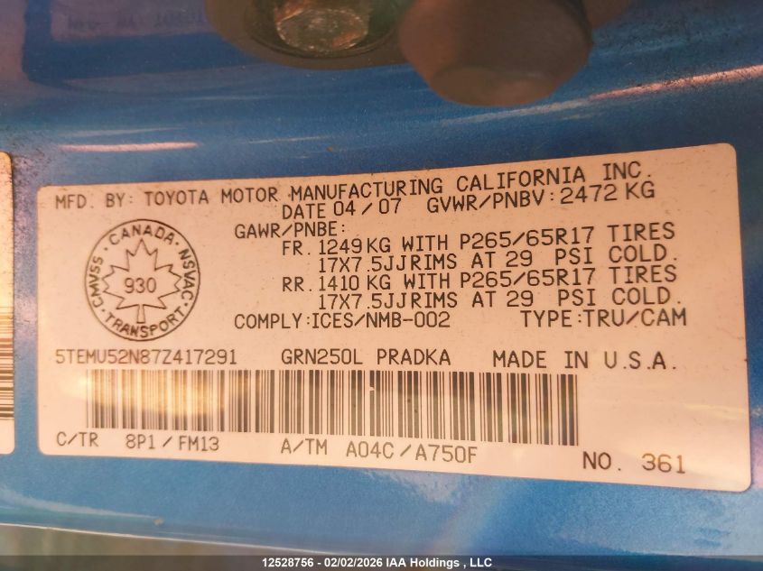 2007 Toyota Tacoma Double Cab Long Bed VIN: 5TEMU52N87Z417291 Lot: 12528756