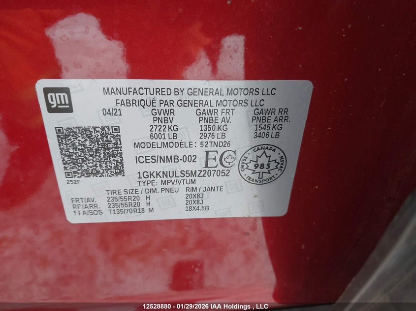 2021 GMC Acadia Slt VIN: 1GKKNULS5MZ207052 Lot: 12528880