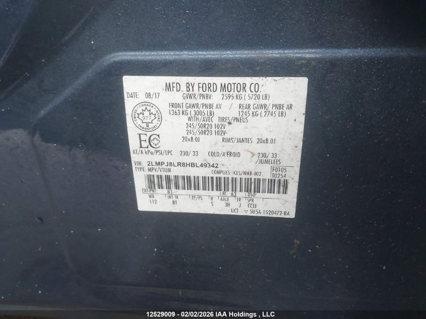 2017 Lincoln Mkx Reserve VIN: 2LMPJ8LR8HBL49342 Lot: 12529009