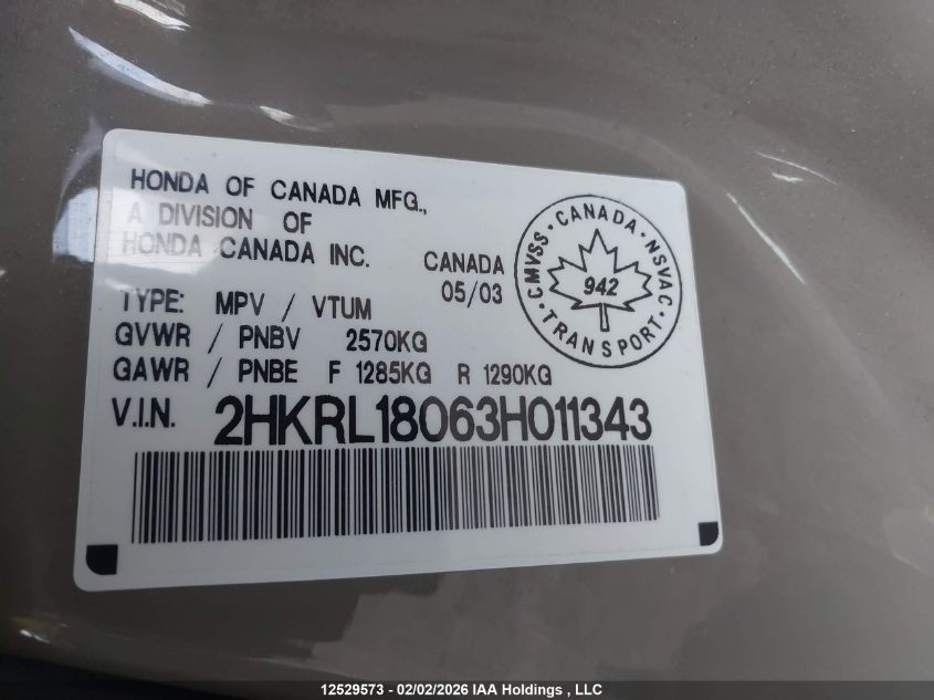 2003 Honda Odyssey Ex-L VIN: 2HKRL18063H011343 Lot: 12529573