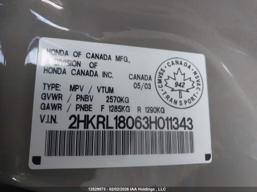 2003 Honda Odyssey Ex-L VIN: 2HKRL18063H011343 Lot: 12529573