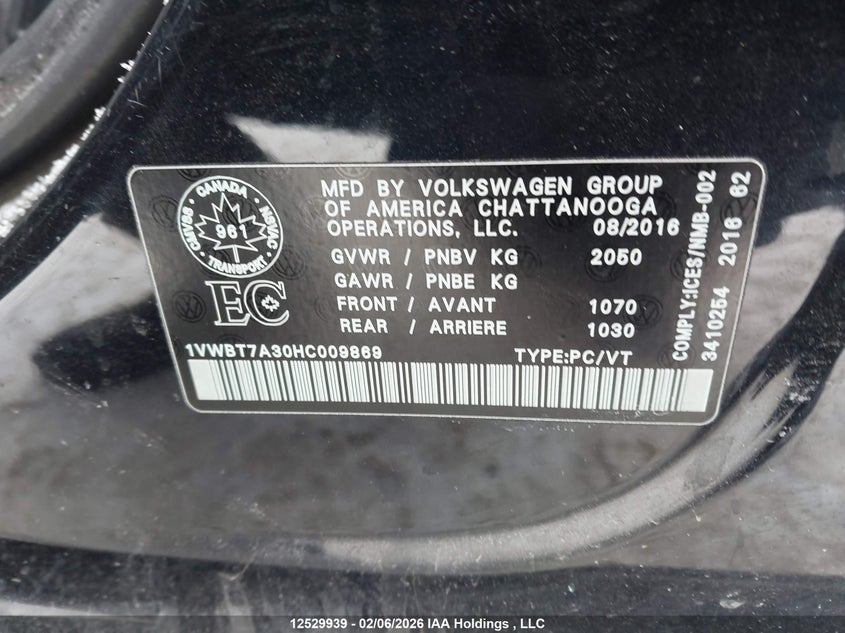 2017 Volkswagen Passat 1.8 Tsi Comfortline VIN: 1VWBT7A30HC009869 Lot: 12529939