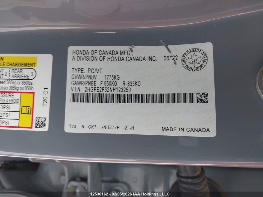 2022 Honda Civic Sport VIN: 2HGFE2F52NH123250 Lot: 12530162