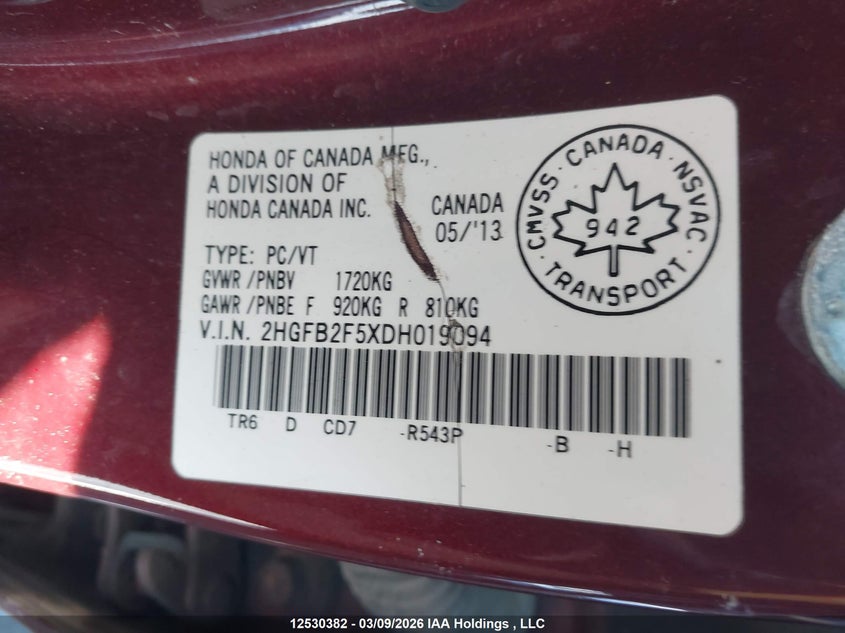 2013 Honda Civic Ex 4Dr VIN: 2HGFB2F5XDH019094 Lot: 12530382