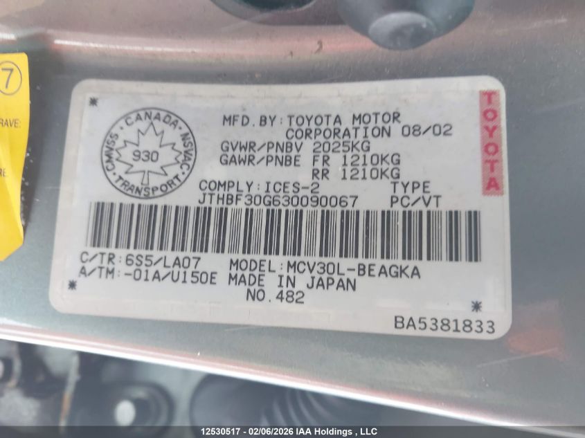 2003 Lexus Es 300 VIN: JTHBF30G630090067 Lot: 12530517