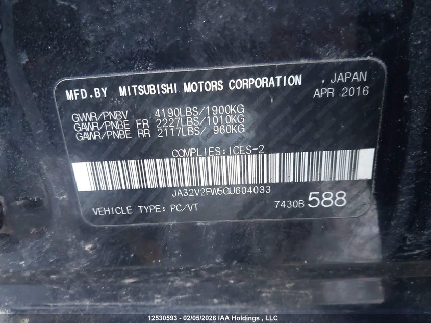 2016 Mitsubishi Lancer Es/Se/Sel VIN: JA32V2FW5GU604033 Lot: 12530593