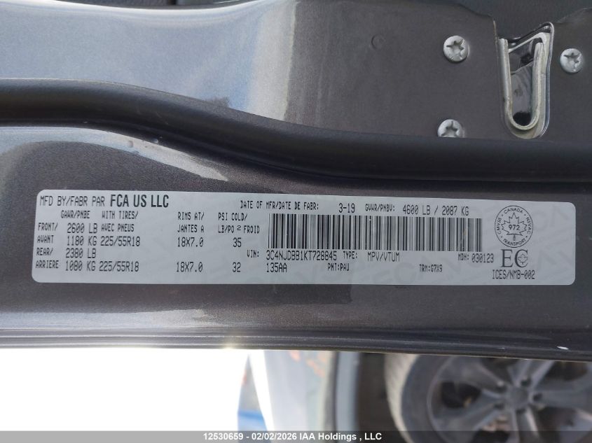 2019 Jeep Compass North VIN: 3C4NJDBB1KT728845 Lot: 12530659