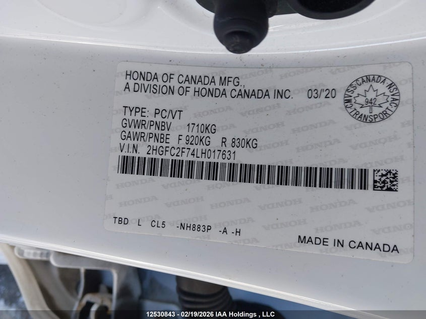 2020 Honda Civic Ex VIN: 2HGFC2F74LH017631 Lot: 12530843