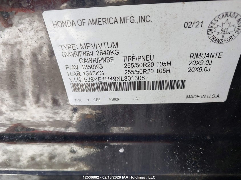 2022 Acura Mdx VIN: 5J8YE1H49NL801308 Lot: 12530882