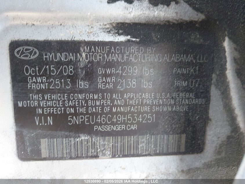 2009 Hyundai Sonata Limited VIN: 5NPEU46C49H534251 Lot: 12530890