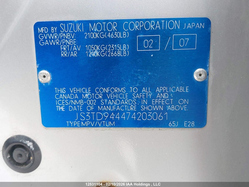 2007 Suzuki Grand Vitara Jx VIN: JS3TD944474203061 Lot: 12531104