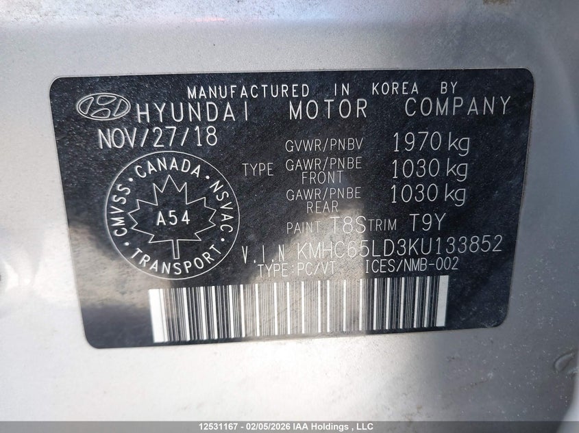 2019 Hyundai Ioniq VIN: KMHC65LD3KU133852 Lot: 12531167