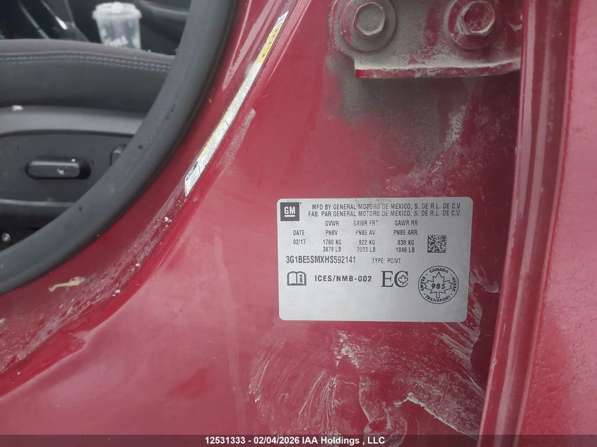 2017 Chevrolet Cruze Lt Auto VIN: 3G1BE5SMXHS592141 Lot: 12531333