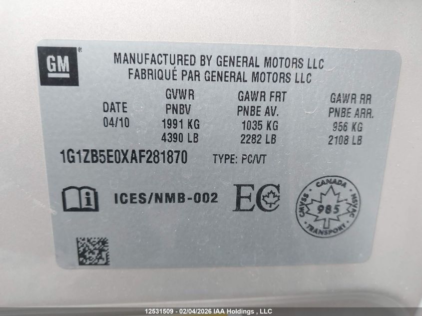 2010 Chevrolet Malibu Ls VIN: 1G1ZB5E0XAF281870 Lot: 12531509