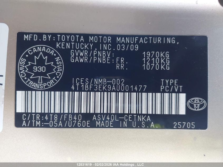 2010 Toyota Camry Le VIN: 4T1BF3EK9AU001477 Lot: 12531619