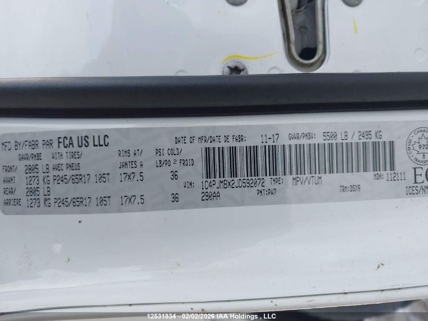 2018 Jeep Cherokee Trailhawk VIN: 1C4PJMBX2JD592072 Lot: 12531834