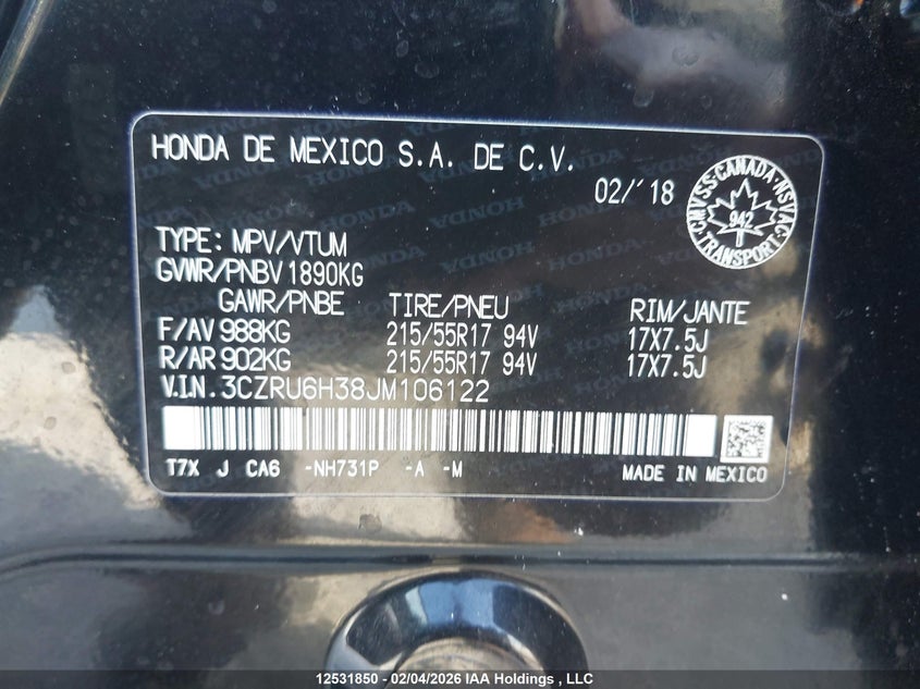 2018 Honda Hr-V VIN: 3CZRU6H38JM106122 Lot: 12531850